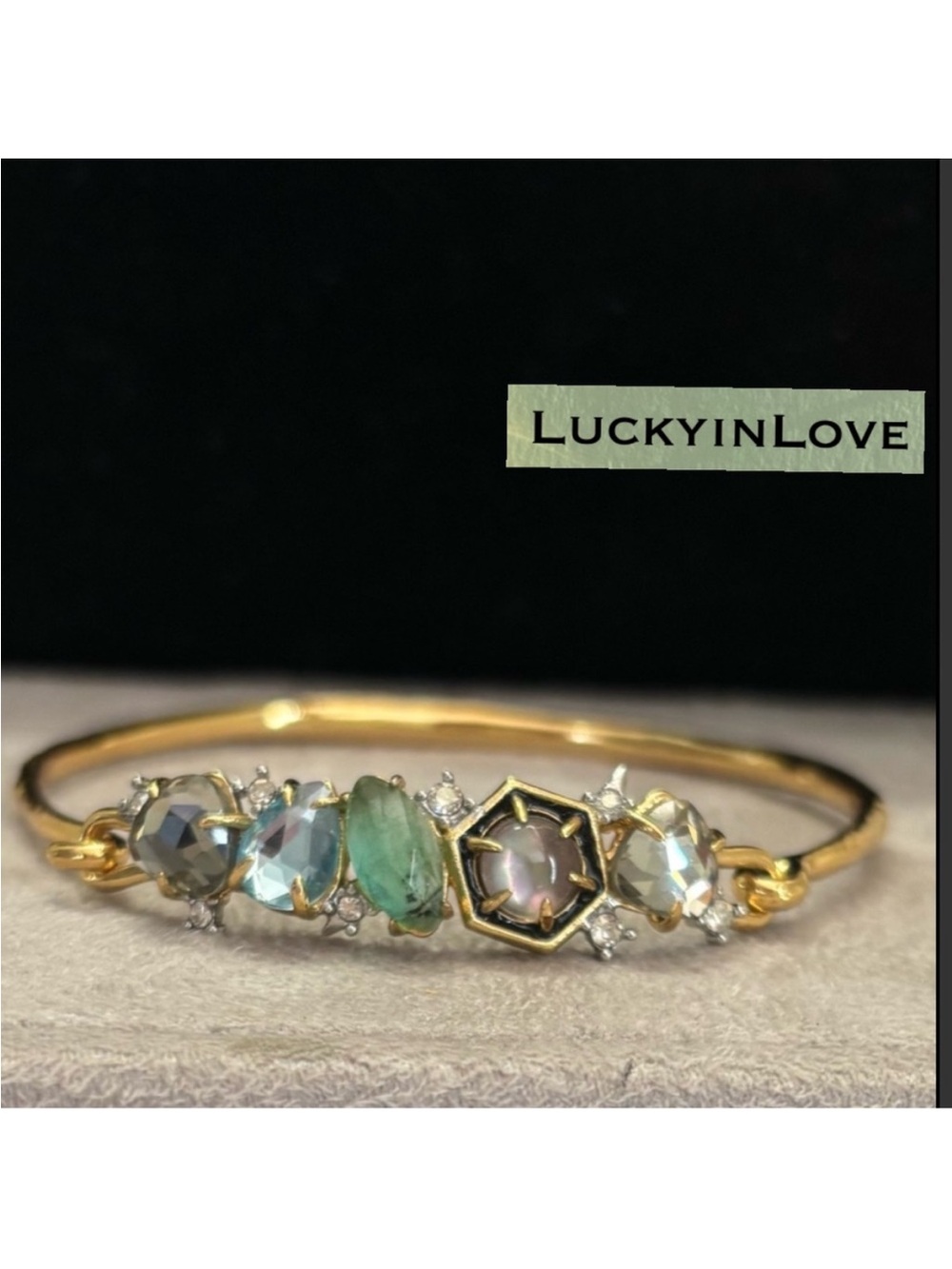 ALEXIS BITTAR • Green Blue Gemstone Black Enamel RARE Opalescent Cuff Bracelet